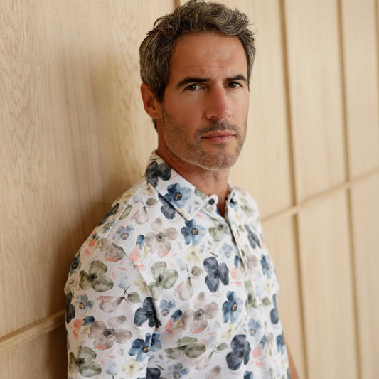 R2 Amsterdam Multi Floral Print Polo Shirt | Organic Cotton/Linen Pique Cotton Modern Fit