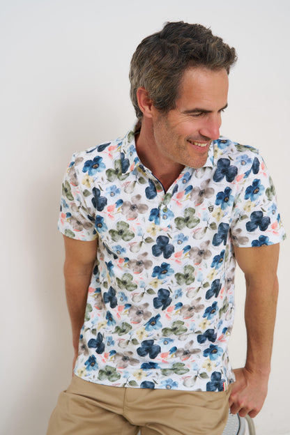 R2 Amsterdam Multi Floral Print Polo Shirt | Organic Cotton/Linen Pique Cotton Modern Fit