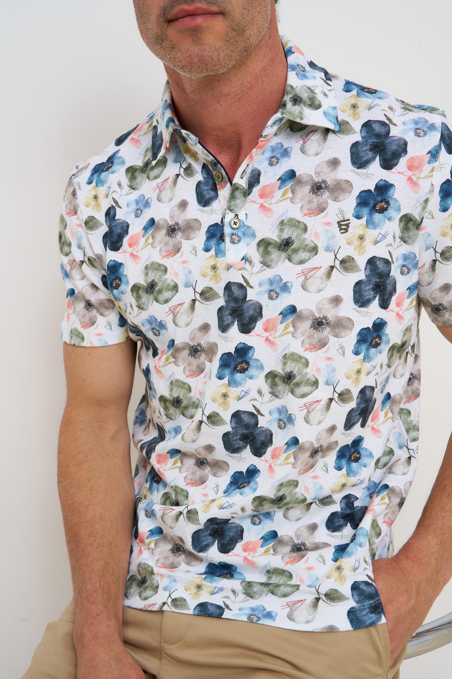 R2 Amsterdam Multi Floral Print Polo Shirt | Organic Cotton/Linen Pique Cotton Modern Fit