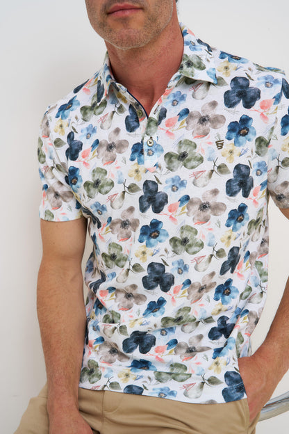 R2 Amsterdam Multi Floral Print Polo Shirt | Organic Cotton/Linen Pique Cotton Modern Fit