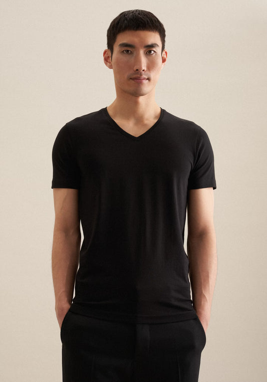 Seidensticker S/S V/Neck Cotton T-Shirt Black