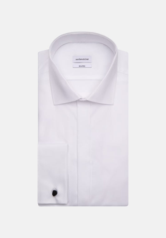 White dress shirt with a cufflink on a white background