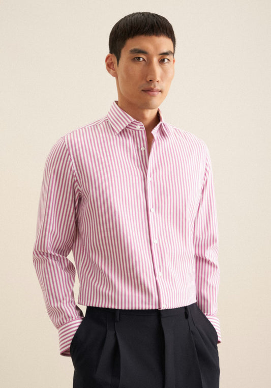 Seidensticker Pink Wrinkle-Free Cotton Stripe Slim Fit Shirt — Classic Business Dress Shirt