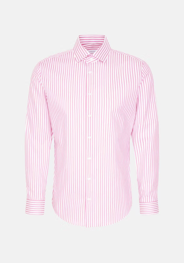 Seidensticker Pink Wrinkle-Free Cotton Stripe Slim Fit Shirt — Classic Business Dress Shirt