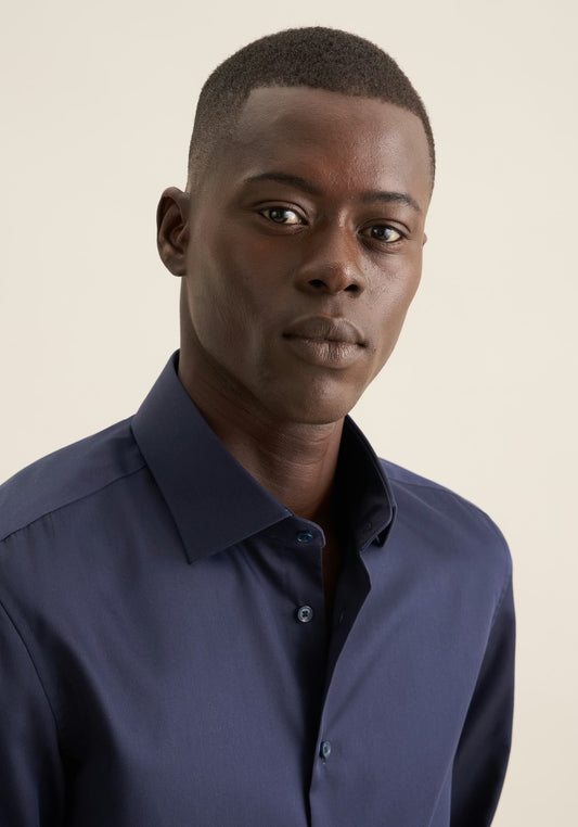 Seidensticker L/S Easy Iron Satin Cotton Slim Fit Shirt Navy