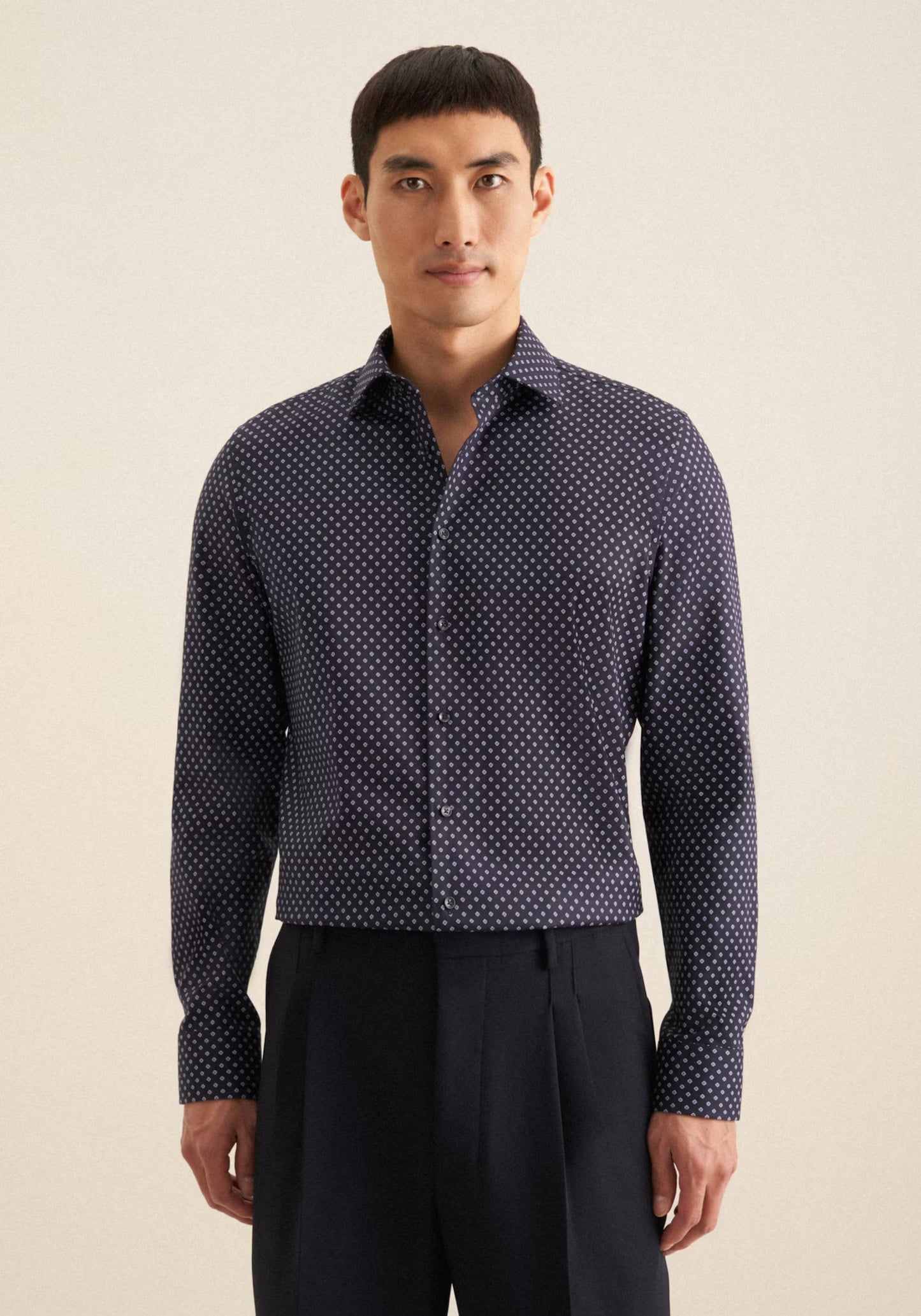Seidensticker Navy Wrinkle-Free Cotton Print Twill Slim Fit Shirt — Classic Business Dress Shirt