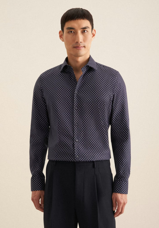 Seidensticker Navy Wrinkle-Free Cotton Print Twill Slim Fit Shirt — Classic Business Dress Shirt