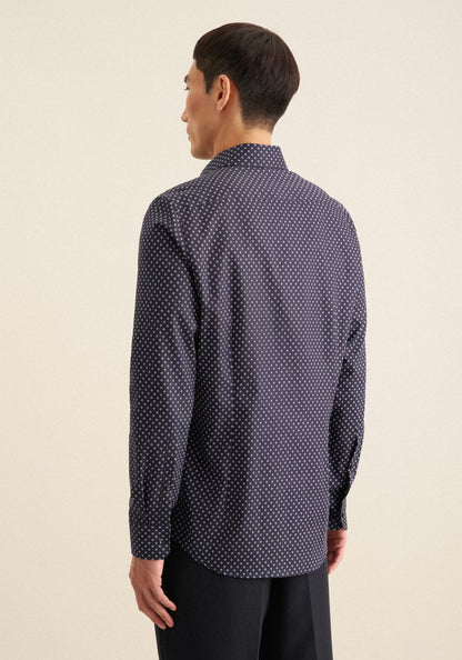Seidensticker Navy Wrinkle-Free Cotton Print Twill Slim Fit Shirt — Classic Business Dress Shirt