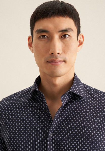 Seidensticker Navy Wrinkle-Free Cotton Print Twill Slim Fit Shirt — Classic Business Dress Shirt