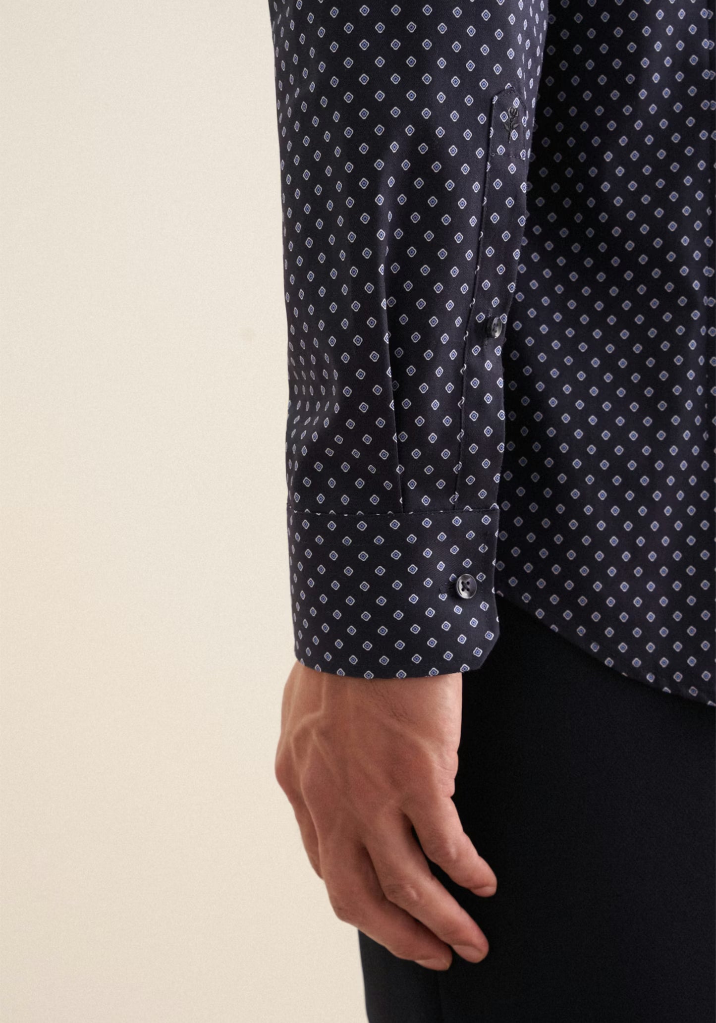 Seidensticker Navy Wrinkle-Free Cotton Print Twill Slim Fit Shirt — Classic Business Dress Shirt