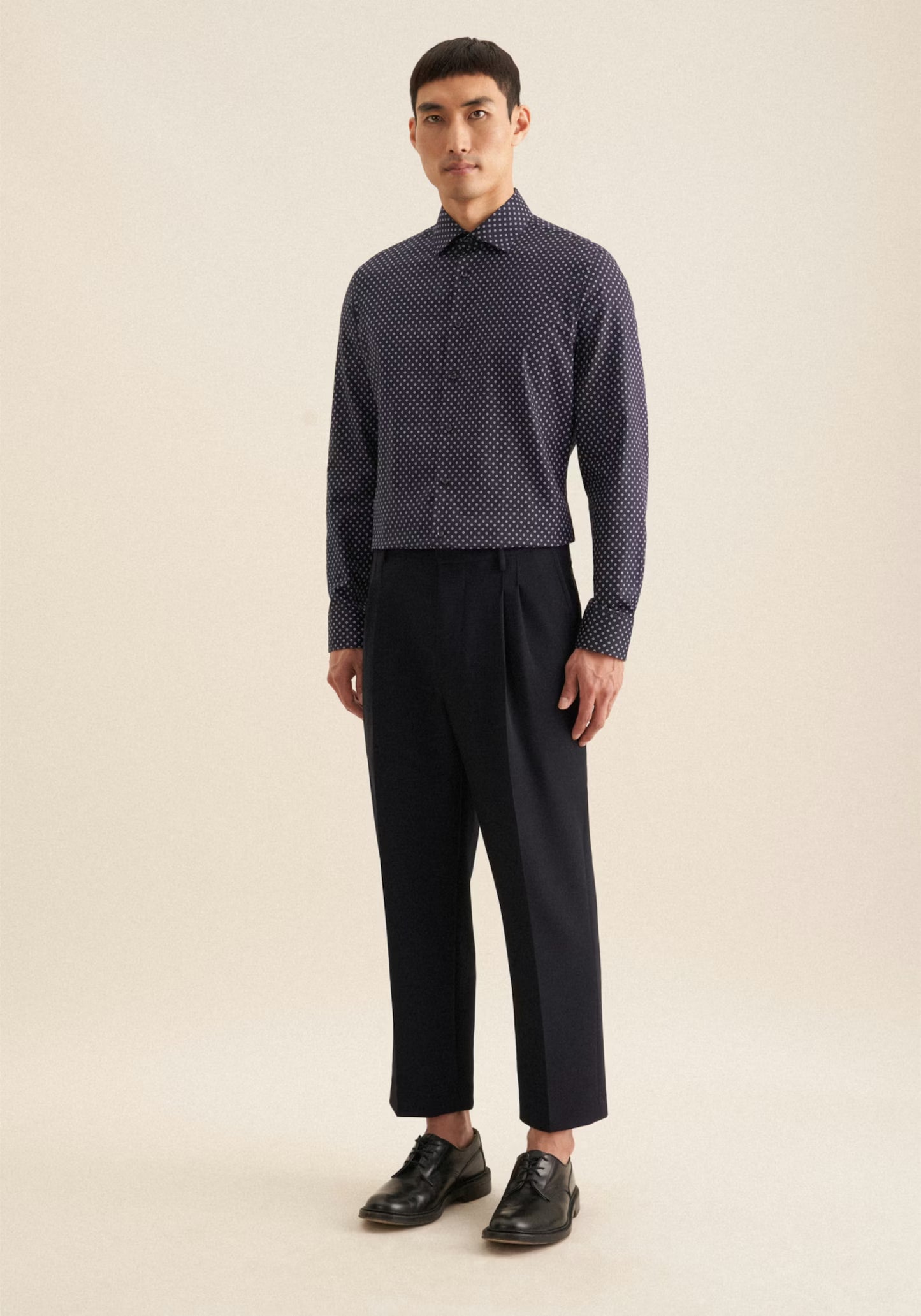 Seidensticker Navy Wrinkle-Free Cotton Print Twill Slim Fit Shirt — Classic Business Dress Shirt