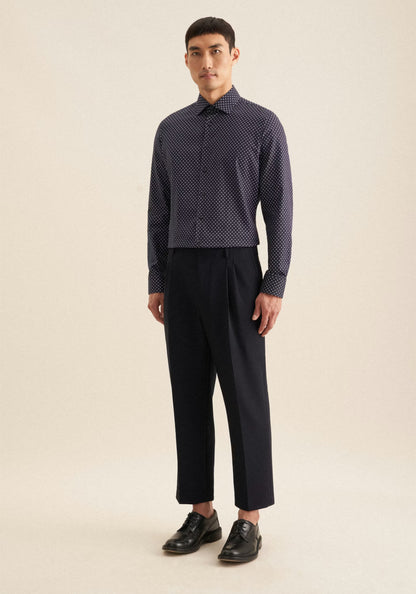 Seidensticker Navy Wrinkle-Free Cotton Print Twill Slim Fit Shirt — Classic Business Dress Shirt