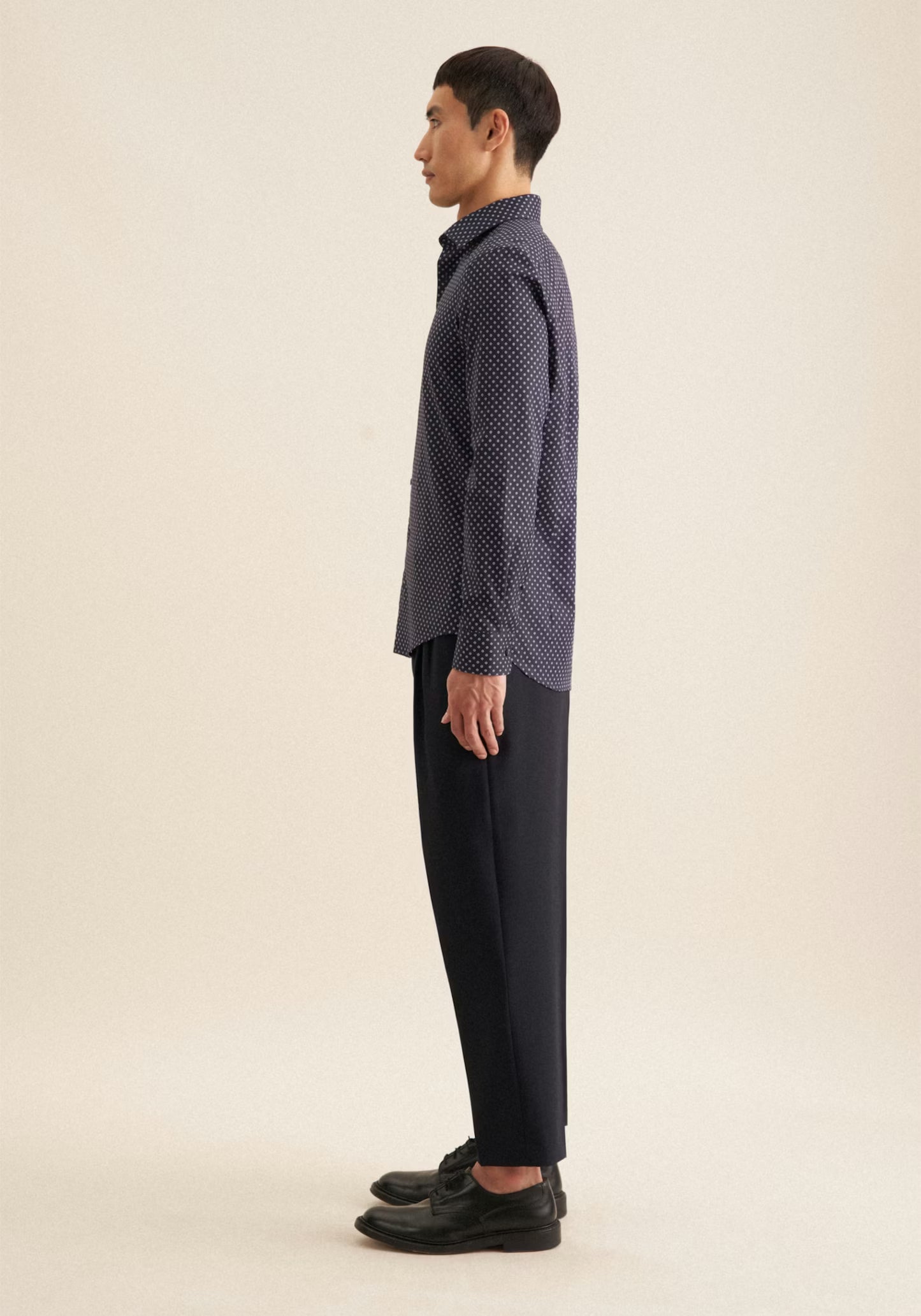 Seidensticker Navy Wrinkle-Free Cotton Print Twill Slim Fit Shirt — Classic Business Dress Shirt