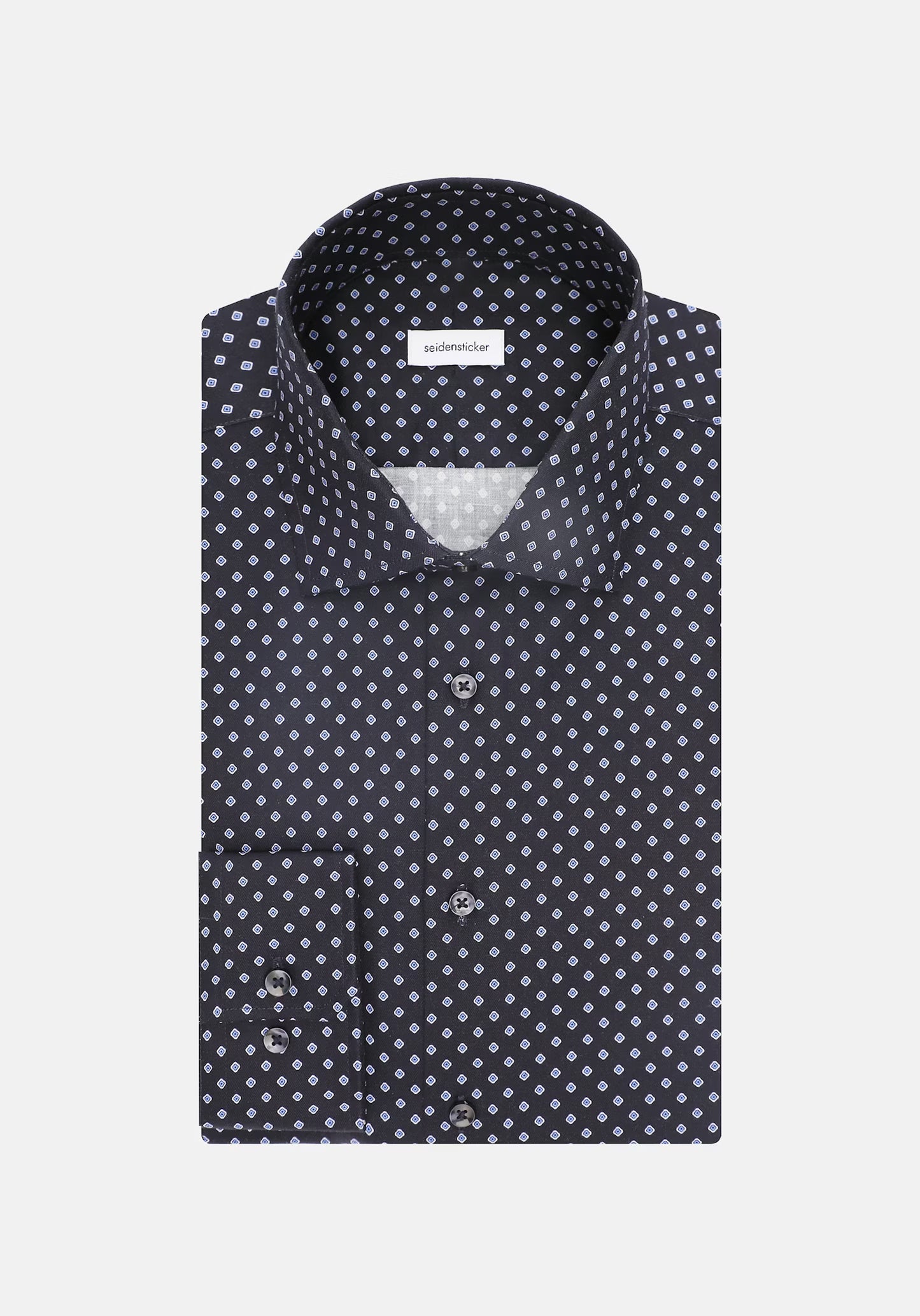 Seidensticker Navy Wrinkle-Free Cotton Print Twill Slim Fit Shirt — Classic Business Dress Shirt