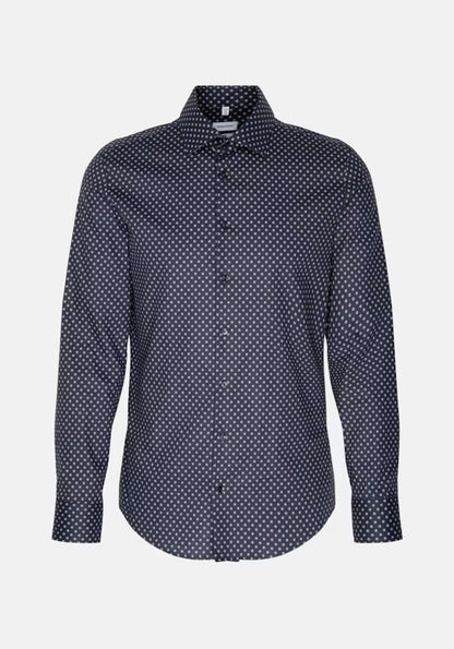 Seidensticker Navy Wrinkle-Free Cotton Print Twill Slim Fit Shirt — Classic Business Dress Shirt