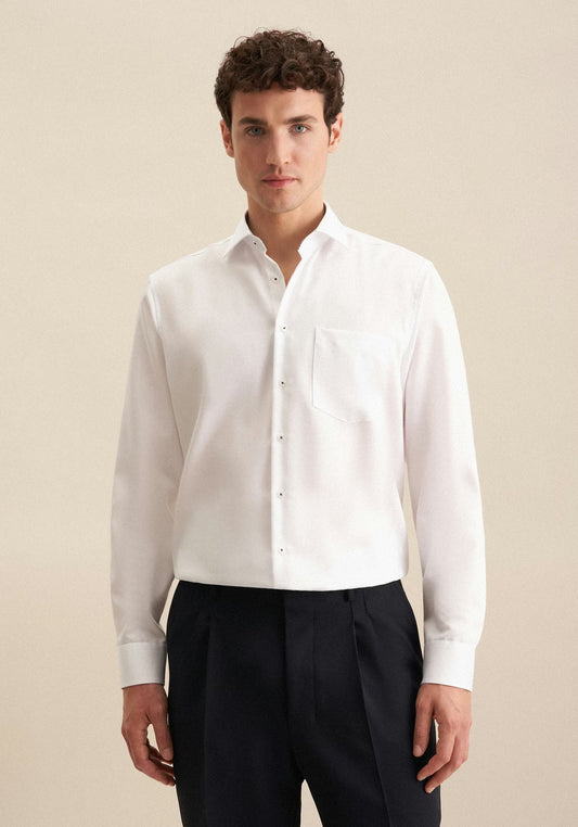 Seidensticker White Wrinkle-Free Cotton Twill Regular Fit Shirt — Classic Business Dress Shirt