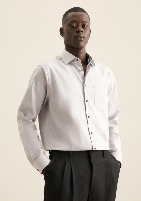 Seidensticker Grey Wrinkle-Free Cotton Twill Regular Fit Shirt — Classic Business Dress Shirt