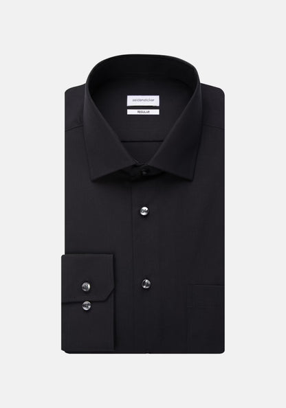 Black dress shirt with silver buttons on a light gray background