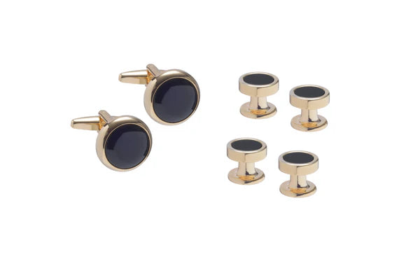 black onyx insert gold cufflinks with matching button studs on a white background
