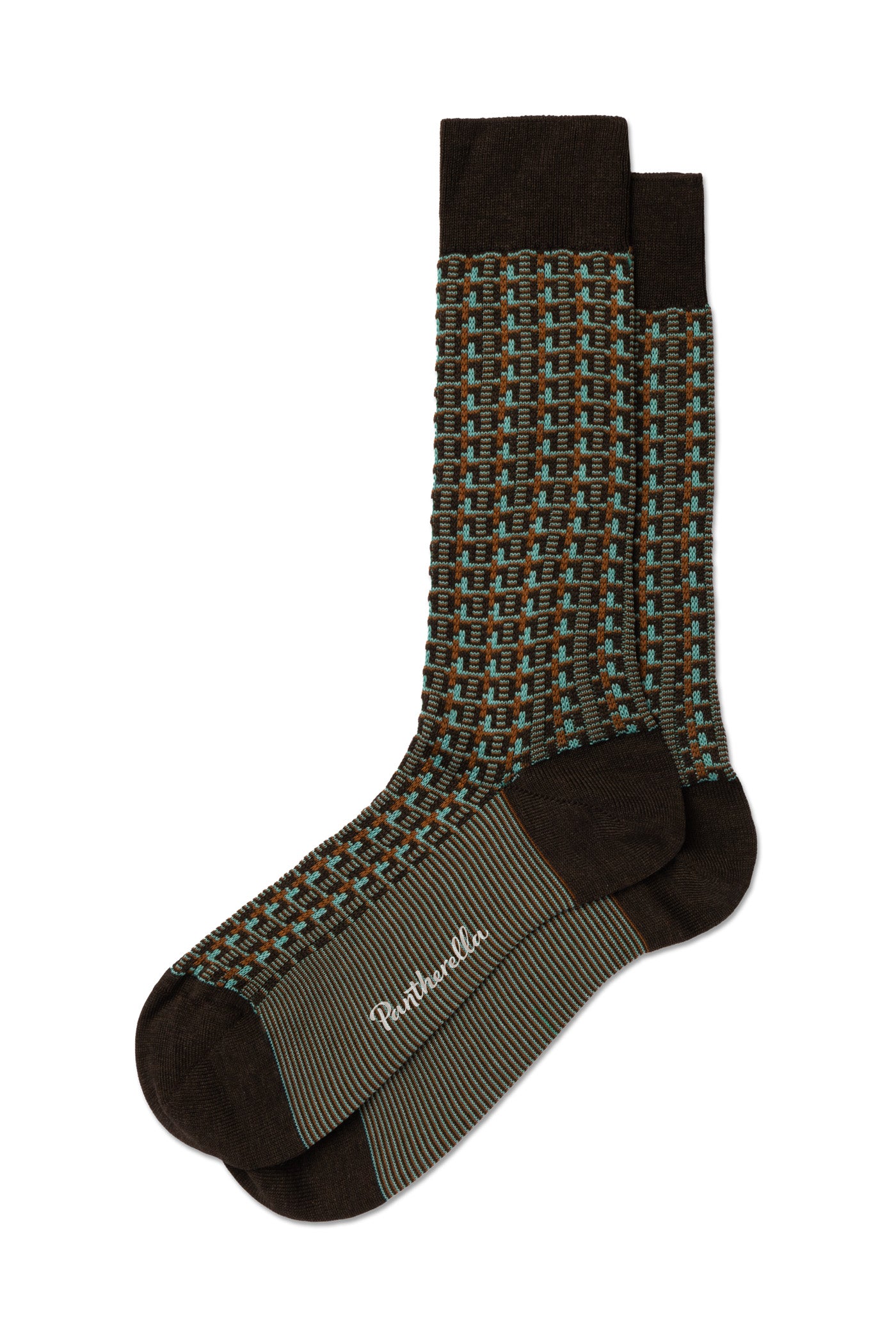 Patterned sock with brand name on a white background