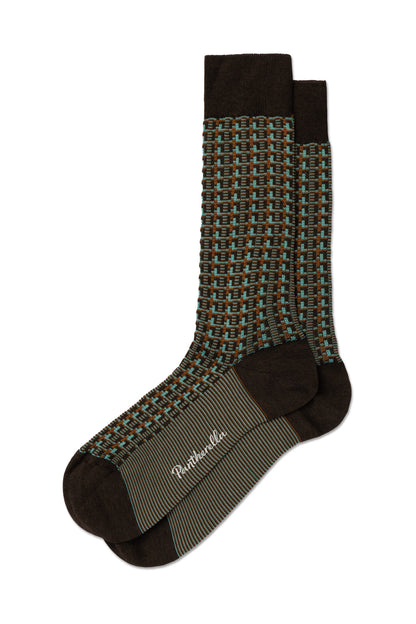 Patterned sock with brand name on a white background
