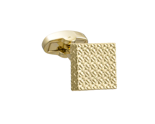 Gold cufflink  with textured square design on a white background