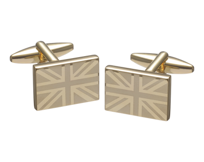 union jack gold etched cufflinks on white background