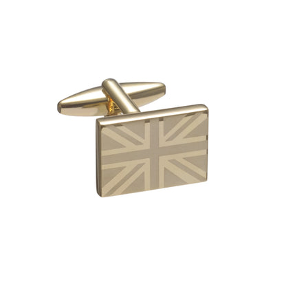 Gold Union Jack cufflinks on a white background