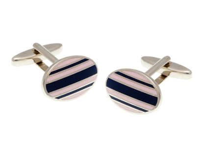 Cufflinks with pink and navy stripes on a white background