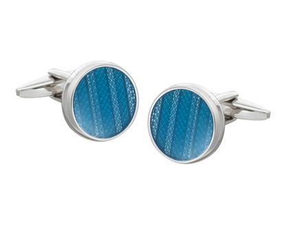 Cufflinks with blue striped design on a white background