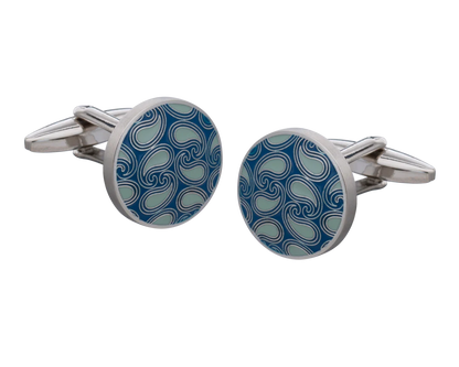 Cufflinks with blue and silver design on a white background