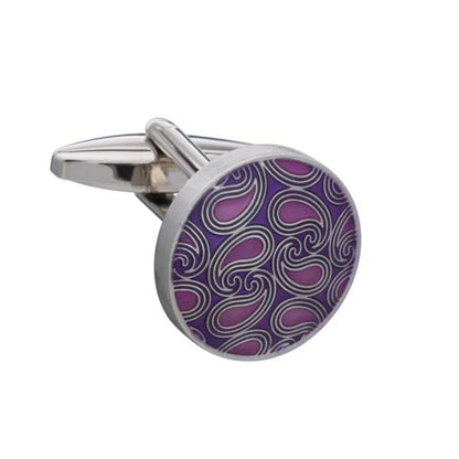 Purple paisley patterned cufflinks on a white background