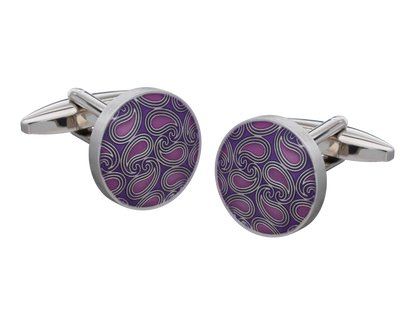 Purple paisley patterned cufflinks on a white background