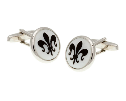 Cufflinks with black fleur-de-lis design on a white background