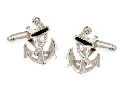 Silver anchor cufflinks with black accents on a white background