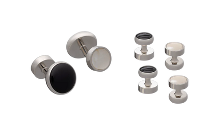 Set of silver and black button studs  on a white background