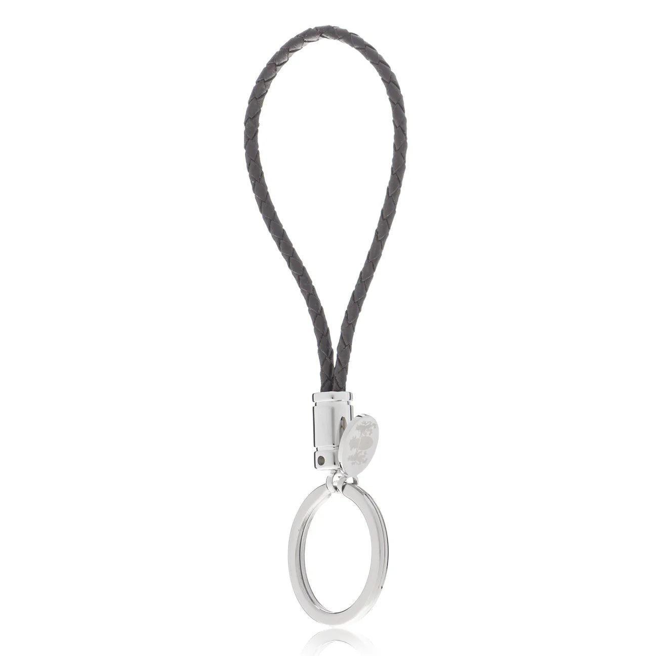 brown leather braided key chain on white background