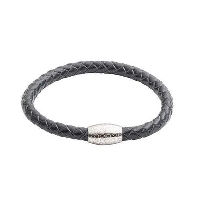 Black braided leather bracelet with a silver clasp on a white background