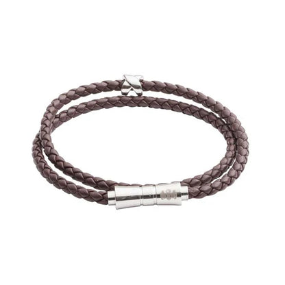 Brown braided leather bracelet with silver clasp on a white background