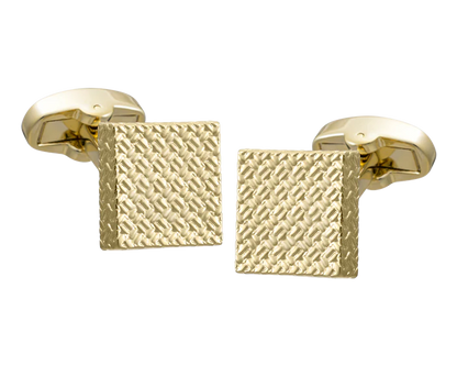 Gold square cufflinks with textured surface on a white background
