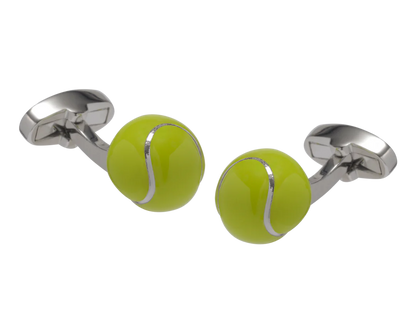 Tennis ball cufflinks with silver accents on a white background
