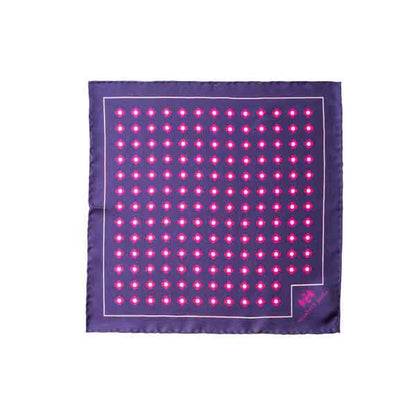 Purple square scarf with pink polka dots on a white background