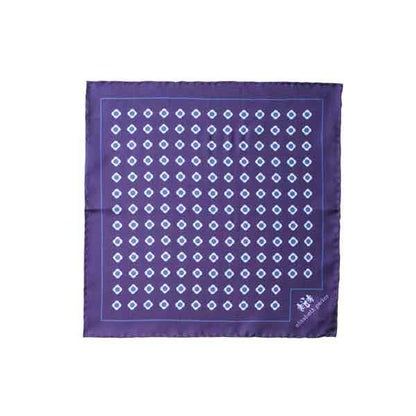 Purple square scarf with white geometric pattern on a white background