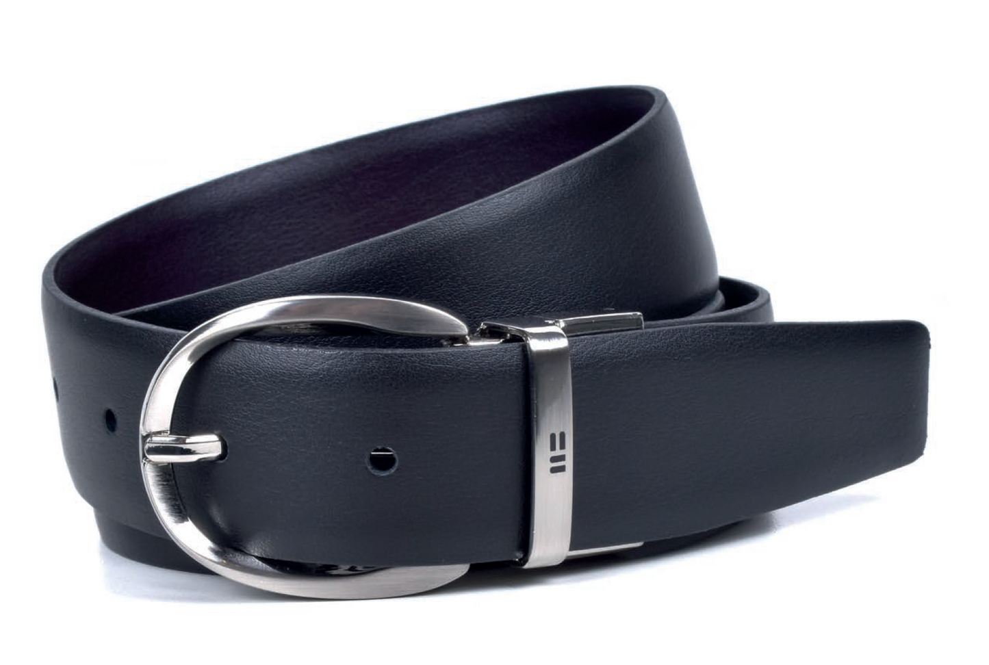 black brown leather belt with round buckle on white background