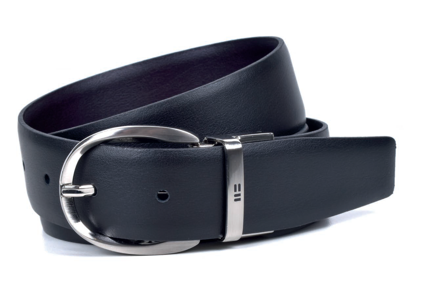 black brown leather belt with round buckle on white background