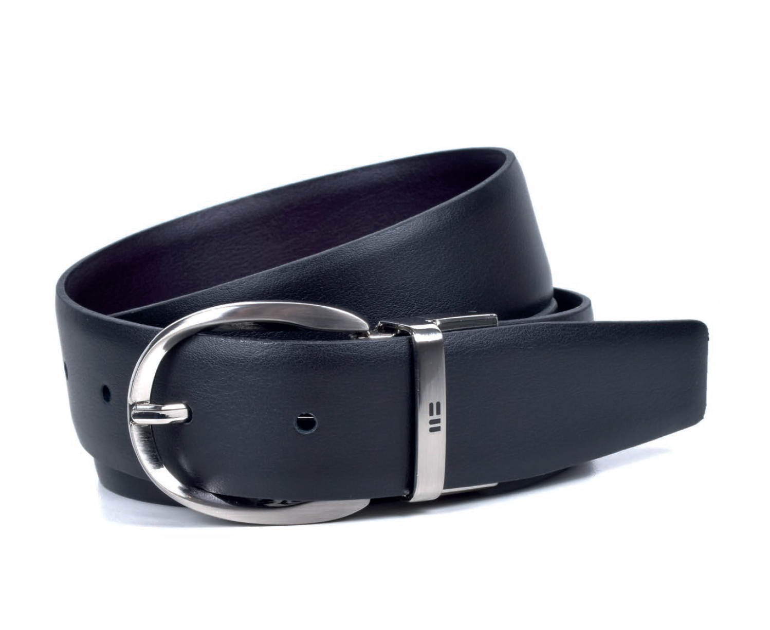 Black leather belt with silver buckle on a white background