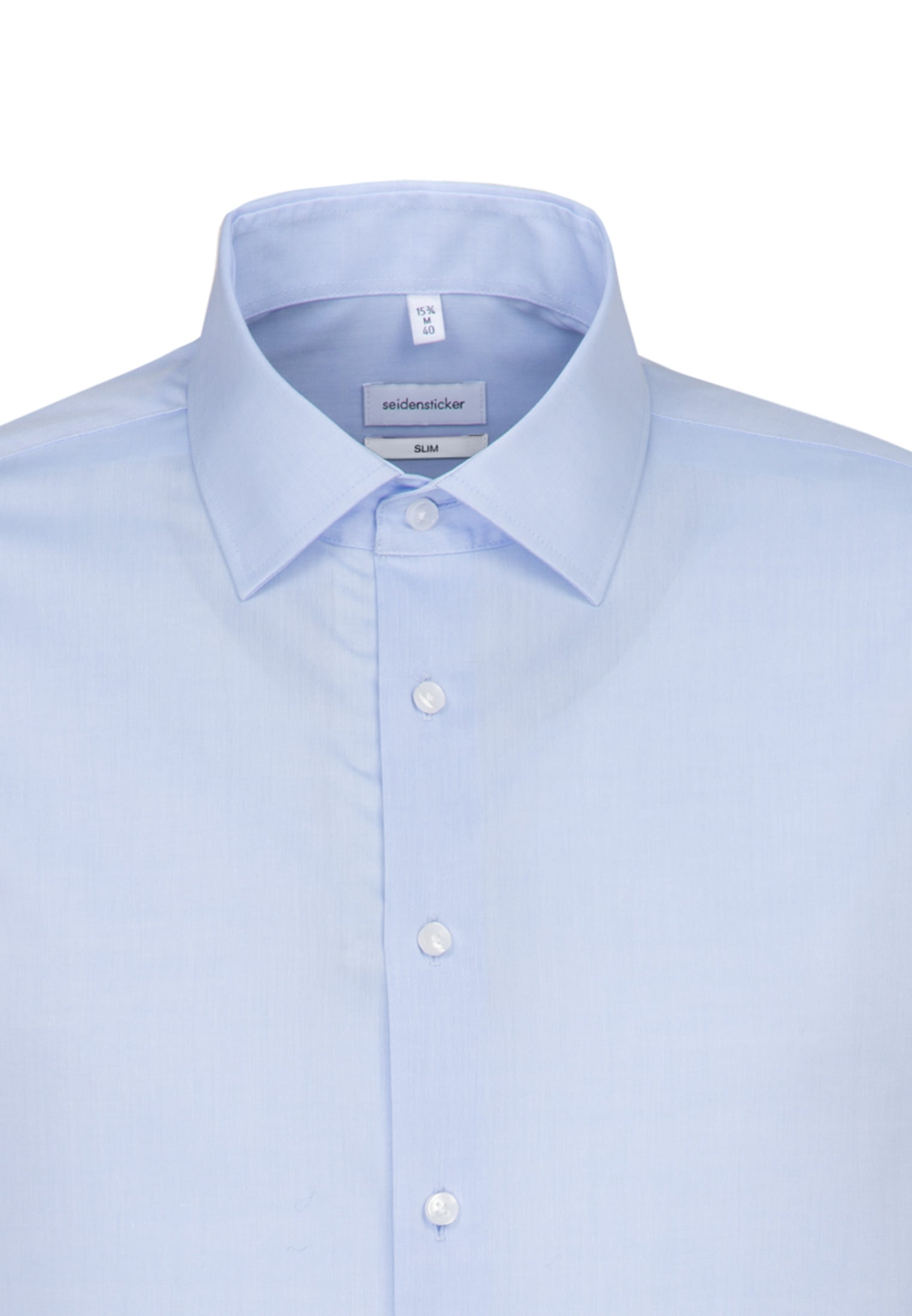 Sky blue dress shirt with collar and buttons on a white background