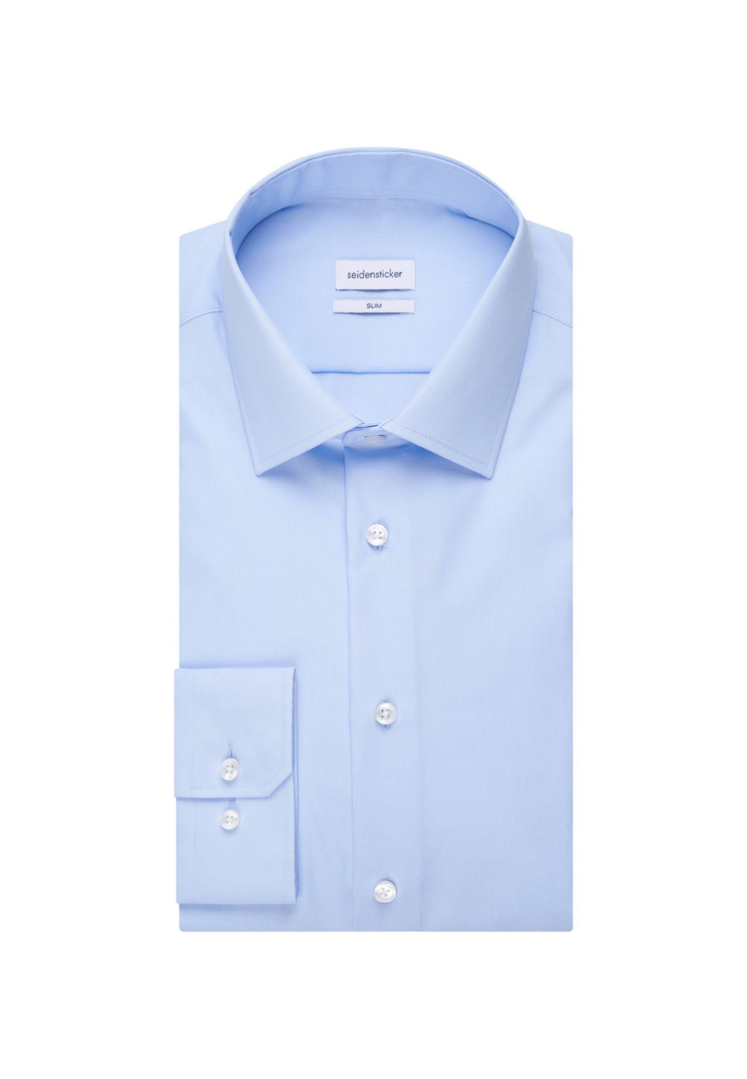 Sky blue dress shirt with a collar label on a white background