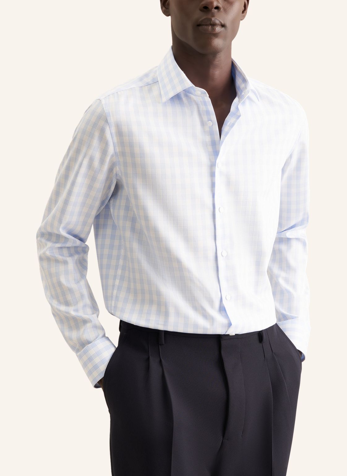 Seidensticker Sky Wrinkle-Free Cotton Check Twill Slim Fit Shirt — Classic Business Dress Shirt