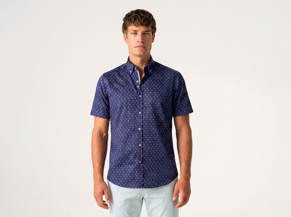 A man modeling a short-sleeve button-up shirt with a navy blue base and a small red and white geometric pattern, paired with light gray pants, against a plain white studio background.